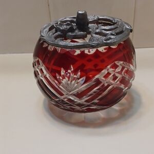 Vintage Czech Ruby Red Cut-to-Clear Crystal Bowl/ Vase Pewter  Floral Frog Lid